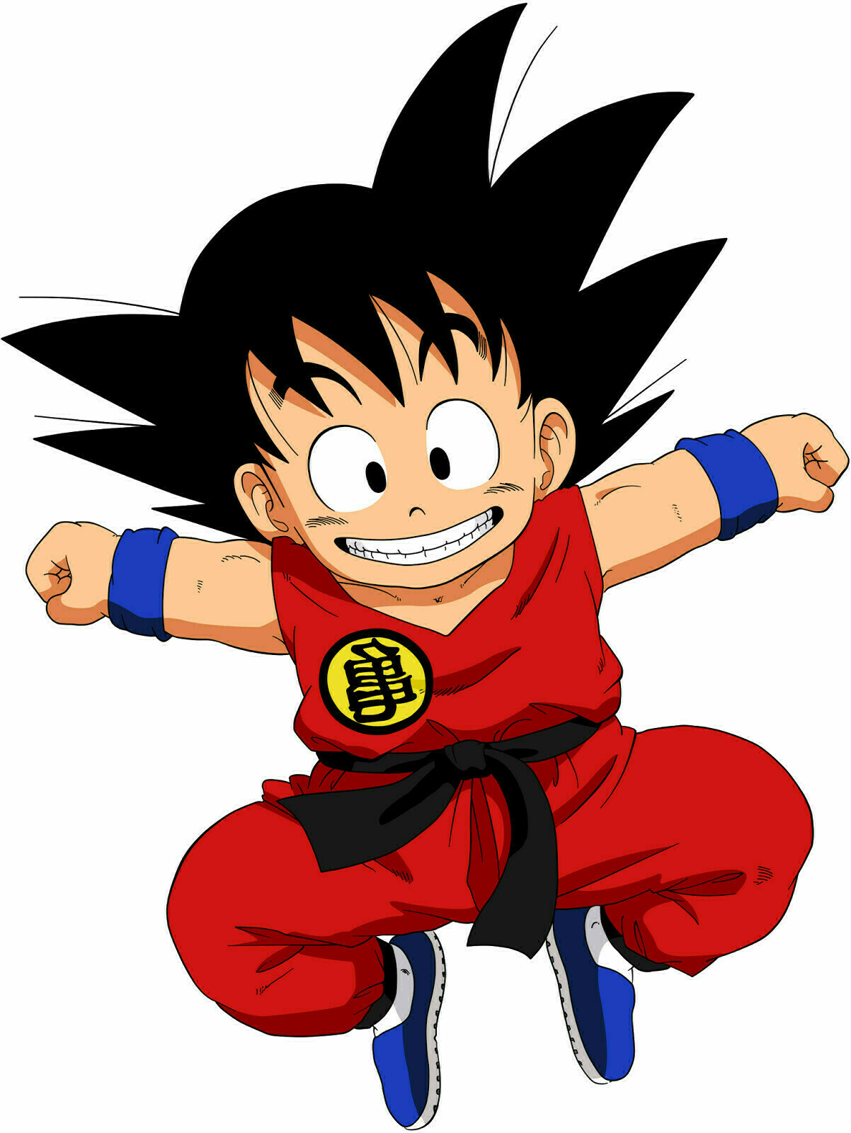 An animated character with spiky black hair, smiling, wearing a red gi with a black belt, and blue wristbands and shoes, is posing energetically against a white background.
Spanish: Un personaje animado con pelo negro y puntiagudo, sonriendo, vestido con un gi rojo con cinturón negro, y muñequeras y zapatos azules, posa enérgicamente sobre un fondo blanco.
Basque: Ile beltz zorrotzadun pertsonaia animatu bat, irribarretsu, gi gorri bat eta gerriko beltzarekin, eta urdinak diren eskumuturrekoak eta oinetakoak jantzita, atzeko fondo zurian energia handiz posatzen ari da.