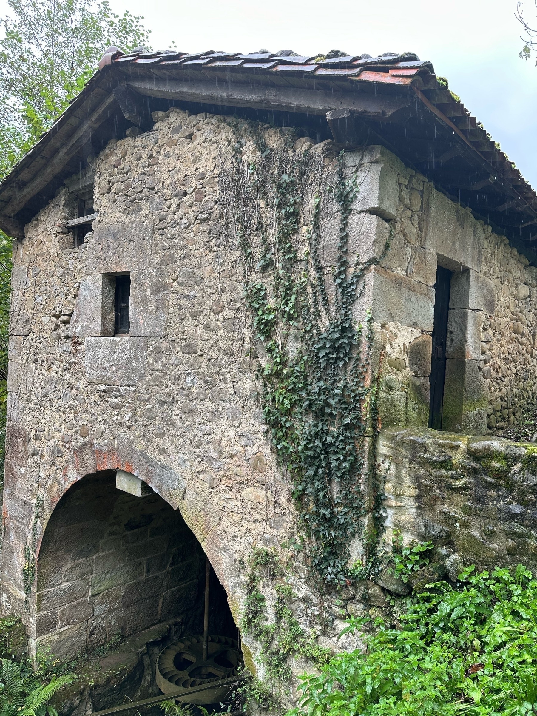 Stone building with ivy growing up the side has an arched opening revealing an old mill wheel surrounded by lush greenery