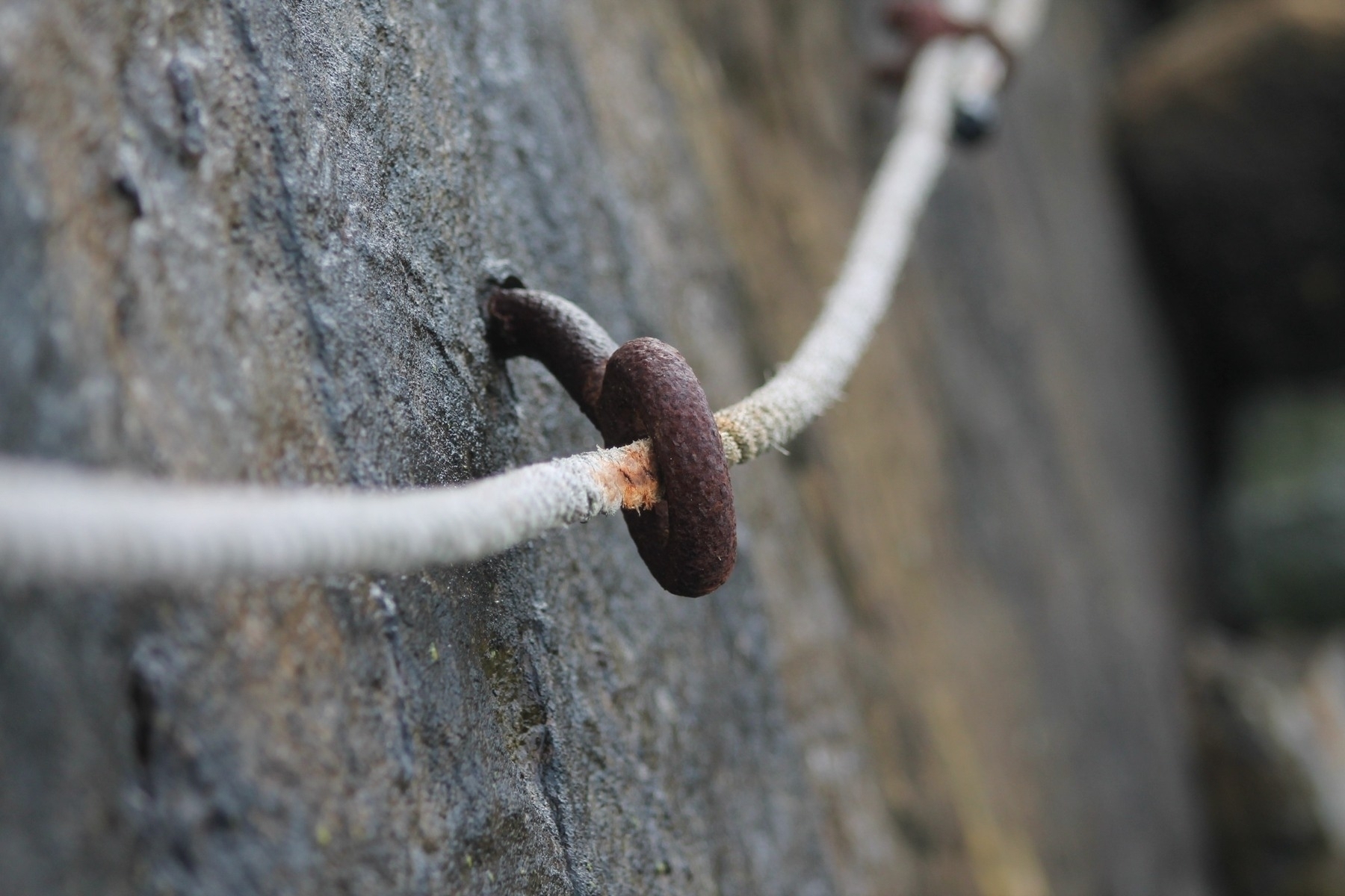 Rusty metal ring threaded through a white rope against a blurred rocky background.
Spanish: Anillo metálico oxidado enhebrado en una cuerda blanca contra un fondo rocoso desenfocado.
Basque: Herdoilaturiko metalezko eraztun bat zuri koloreko soka baten zehar eta harkaitz lauso atzealde baten kontra.