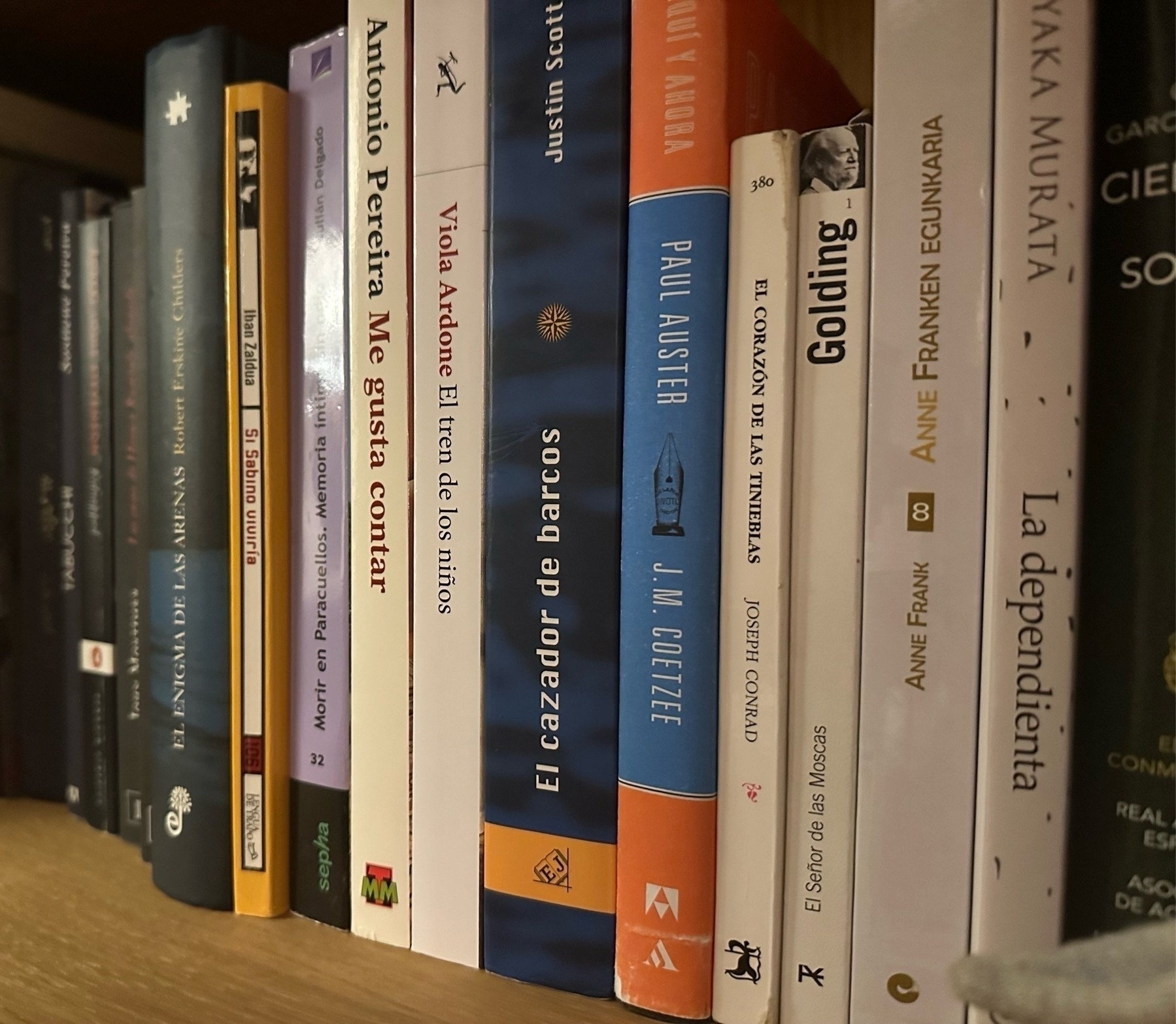 A tilted close-up of various books on a shelf, showcasing spines with titles and authors.
Spanish: Primer plano inclinado de varios libros en un estante, mostrando lomos con títulos y autores.
Basque: Hainbat libururen bizkarren planoa, izenburuak eta autoreak erakusten, apalategian.