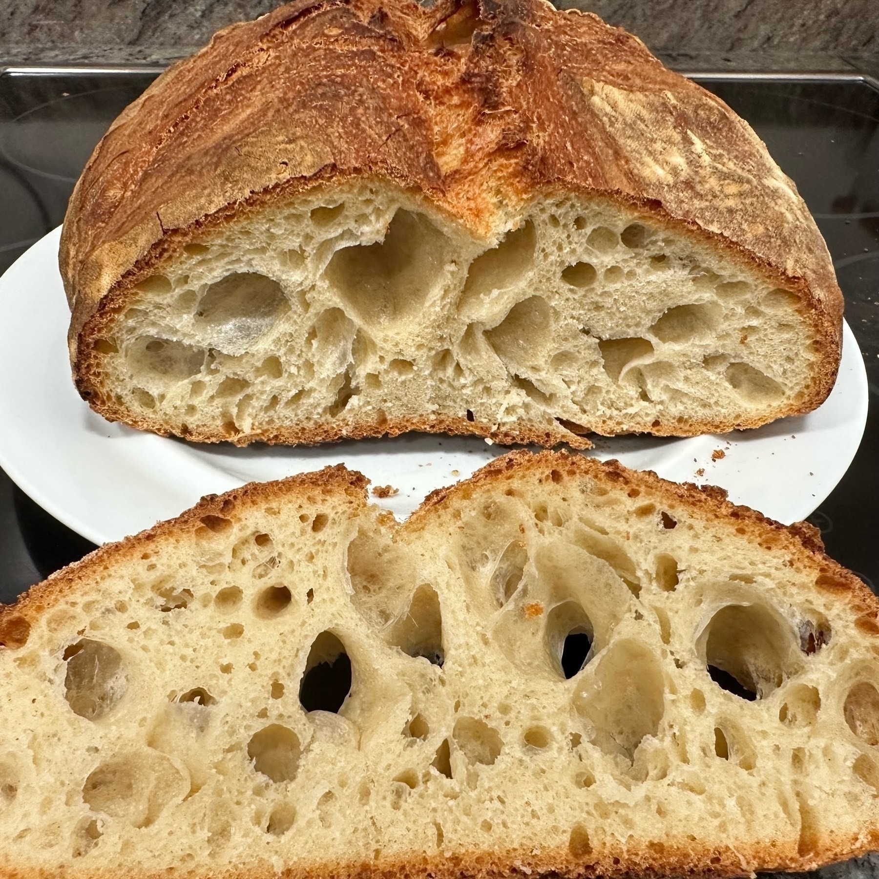 A freshly baked, crusty loaf of bread is sliced open, revealing a porous interior; placed on a white plate on a dark surface.
Spanish: Una hogaza de pan recién horneada y crujiente está cortada, mostrando un interior poroso; situada en un plato blanco sobre una superficie oscura.
Basque: Berriki egindako, azal gogorreko ogi-xerra zabalduta dago, barrualde zulakorra erakutsiz; zuri koloreko plater batean ipinita, azalera ilun baten gainean.