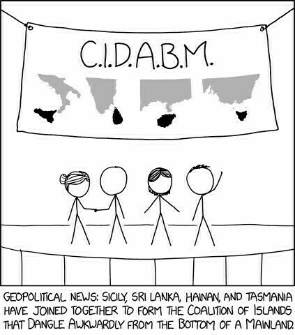 Four stick figures stand on a stage beneath a banner labeled CIDABM with island silhouettes Geopolitical news Sicily Sri Lanka Hainan and Tasmania have joined together to form the Coalition of Islands that Dangle Awkwardly from the Bottom of a Mainland